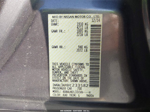 1N4AL3AP8FC233582 Nissan Altima 2.5 Sv