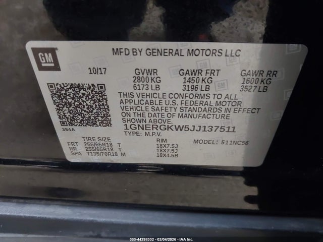 1GNERGKW5JJ137511 Chevrolet Traverse 1lt