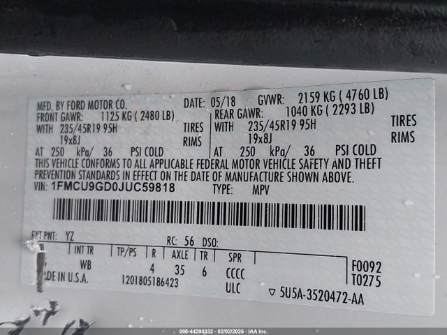 1FMCU9GD0JUC59818 Ford ESCAPE SE