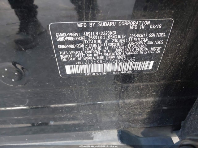 2019 Subaru Forester Premium მანქანა იყიდება აუქციონზე, vin: JF2SKAEC7KH524585, აუქციონის ნომერი: 44298344