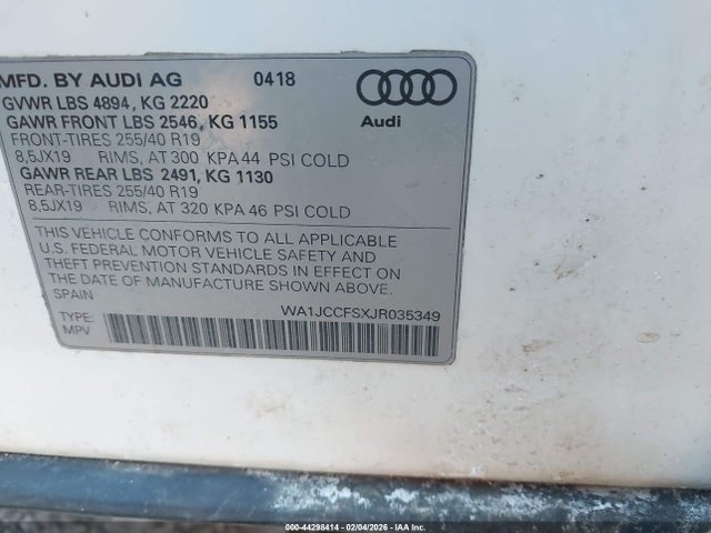 2018 Audi Q3 2.0t Premium/2.0t Sport Premium მანქანა იყიდება აუქციონზე, vin: WA1JCCFSXJR035349, აუქციონის ნომერი: 44298414