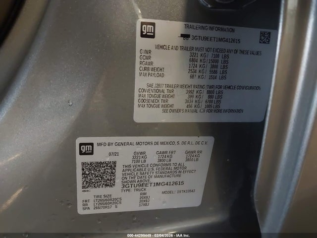 Продажа на аукционе авто 2021 Gmc Sierra 1500 4wd  Short Box At4, vin: 3GTU9EET1MG412615, номер лота: 44298449