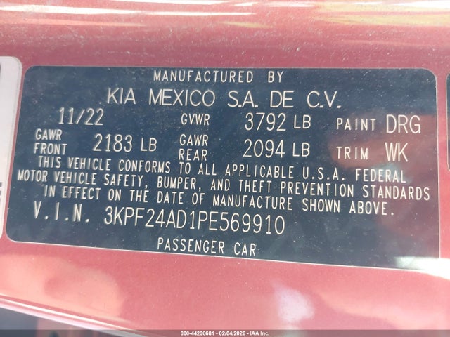 3KPF24AD1PE569910 KIA Forte Lxs
