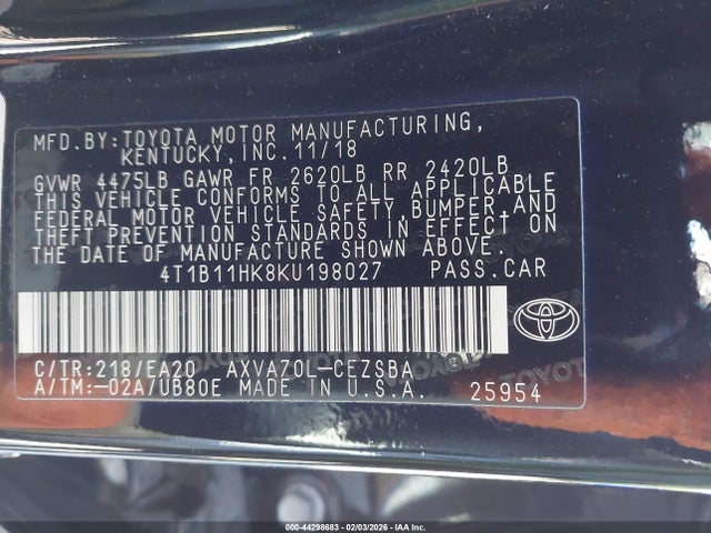 4T1B11HK8KU198027 Toyota CAMRY SE
