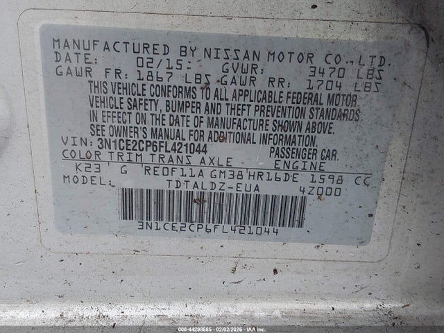 3N1CE2CP6FL421044 Nissan Versa Note S (sr)/s Plus/sl/sr/sv