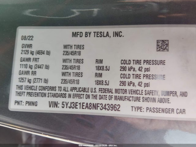44298690 :رقم المزاد ، 5YJ3E1EA8NF343962 vin ، 2022 Tesla Model 3 Rear-wheel Drive مزاد بيع