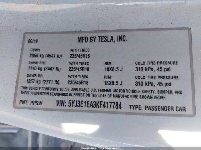 2019 TESLA MODEL 3 5YJ3E1EA3KF417784 Photo 8
