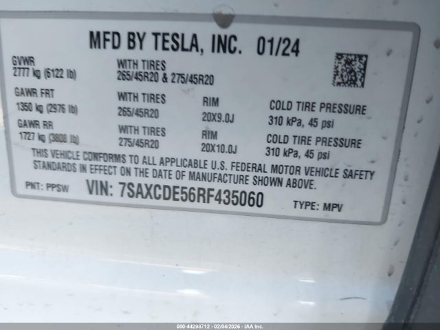 44298712 :رقم المزاد ، 7SAXCDE56RF435060 vin ، 2024 Tesla Model X Long Range مزاد بيع