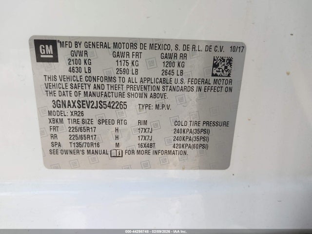 Продажа на аукционе авто 2018 Chevrolet Equinox Lt, vin: 3GNAXSEV2JS542265, номер лота: 44298748