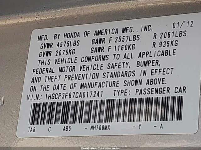 2012 HONDA ACCORD SDN 1HGCP3F87CA017241 Photo 8