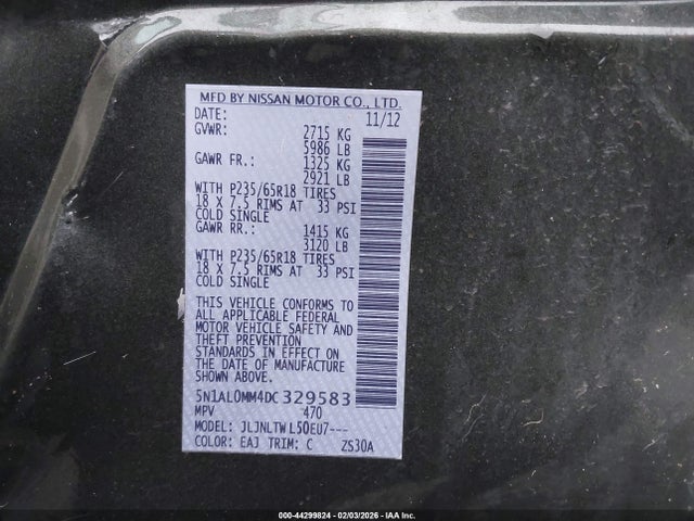 44299824 :رقم المزاد ، 5N1AL0MM4DC329583 vin ، 2013 Infiniti Jx35 مزاد بيع
