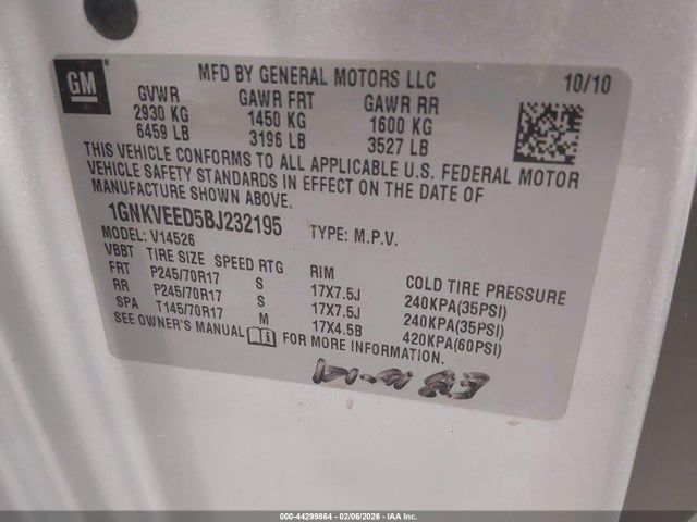 Продаж на аукціоні авто 2011 Chevrolet Traverse Ls, vin: 1GNKVEED5BJ232195, номер лоту: 44299864