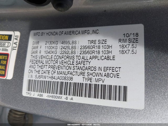 2018 Honda Cr-v Ex-l/ex-l Navi მანქანა იყიდება აუქციონზე, vin: 5J6RW1H84JA008338, აუქციონის ნომერი: 44299882