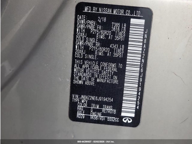 Aukcja sprzedaży 2018 Infiniti Qx80, vin: JN8AZ2NE6J9194254, numer aukcji: 44299927