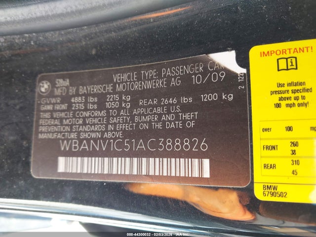 44300032 :رقم المزاد ، WBANV1C51AC388826 vin ، 2010 Bmw 528i Xdrive مزاد بيع