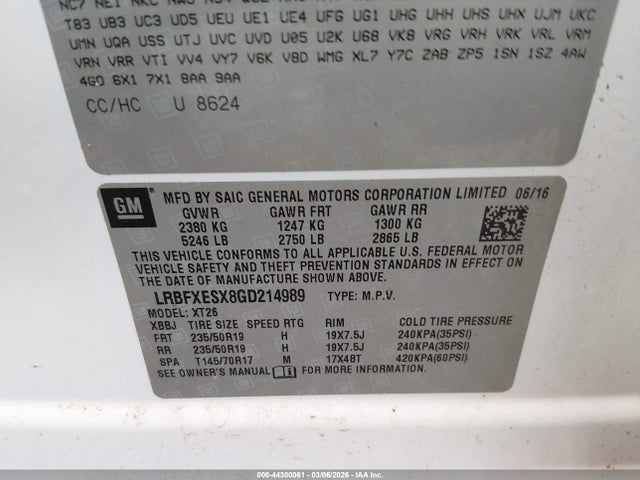 Продаж на аукціоні авто 2016 Buick Envision Premium I, vin: LRBFXESX8GD214989, номер лоту: 44300061