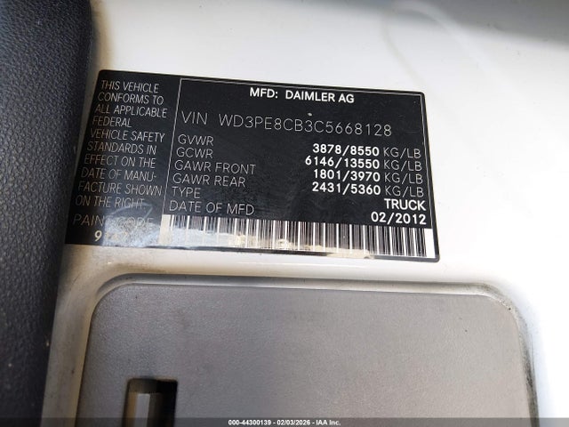 44300139 :رقم المزاد ، WD3PE8CB3C5668128 vin ، 2012 Mercedes-benz Sprinter 2500 High Roof مزاد بيع