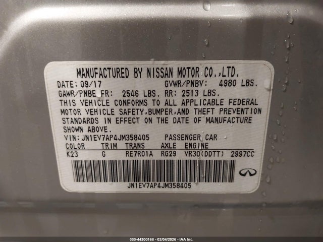 44300168 :رقم المزاد ، JN1EV7AP4JM358405 vin ، 2018 Infiniti Q50 3.0t Sport مزاد بيع