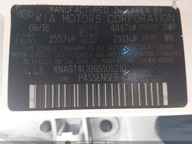 KNAGT4L31G5105210 KIA Optima Lx