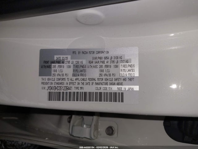 44300184 :رقم المزاد ، JM3KKBHD3S1239441 vin ، 2025 Mazda Cx-90 3.3 Turbo Preferred Package مزاد بيع