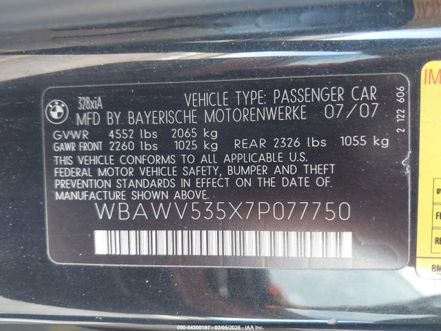 44300197 :رقم المزاد ، WBAWV535X7P077750 vin ، 2007 Bmw 328xi مزاد بيع
