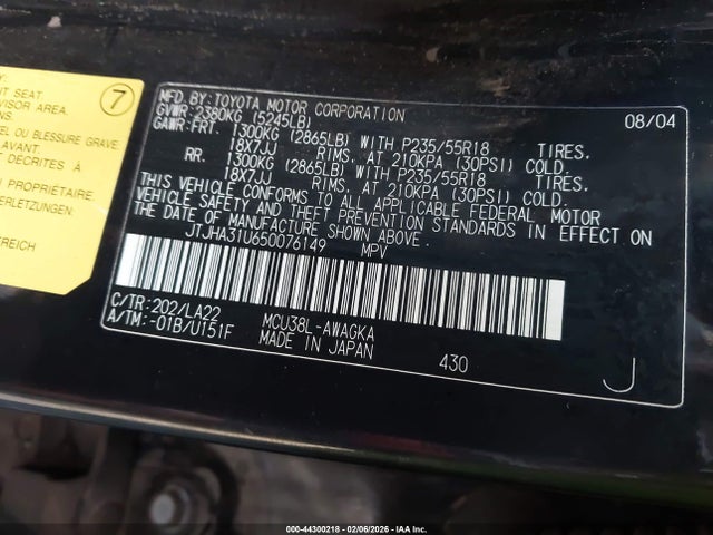 44300218 :رقم المزاد ، JTJHA31U650076149 vin ، 2005 Lexus Rx 330 مزاد بيع