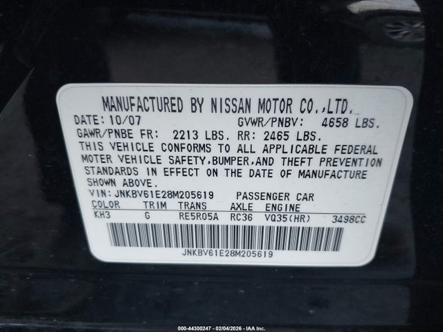 Продаж на аукціоні авто 2008 Infiniti G35 Journey, vin: JNKBV61E28M205619, номер лоту: 44300247