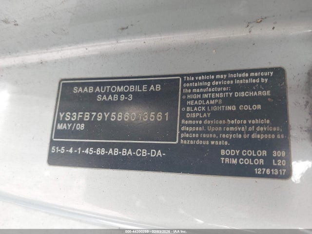 2008 SAAB 9-3 YS3FB79Y586013561 Photo 8