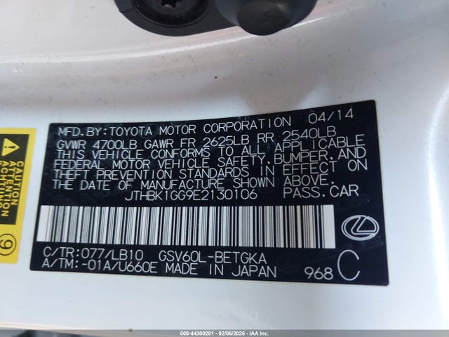 Aukcja sprzedaży 2014 Lexus Es 350, vin: JTHBK1GG9E2130106, numer aukcji: 44300281