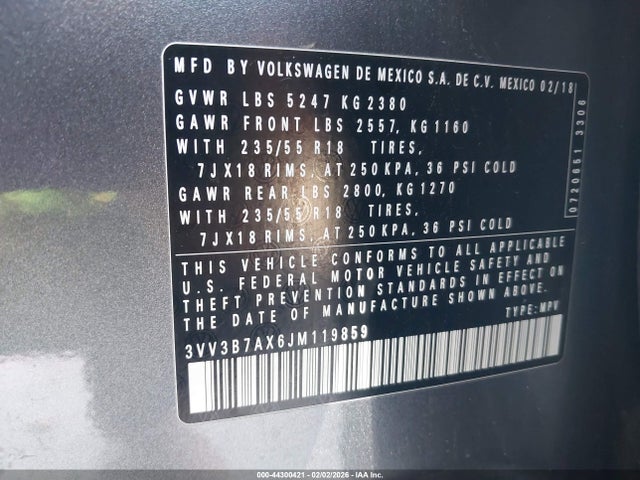 44300421 :رقم المزاد ، 3VV3B7AX6JM119859 vin ، 2018 Volkswagen Tiguan 2.0t Se/2.0t Sel مزاد بيع