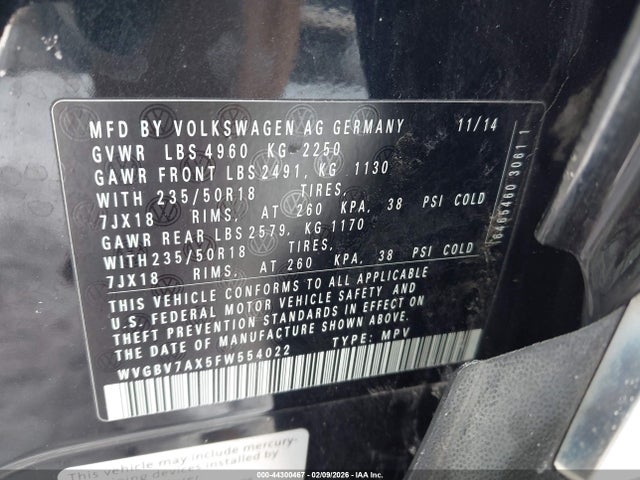 Auction sale of the 2015 Volkswagen Tiguan Sel, vin: WVGBV7AX5FW554022, lot number: 44300467