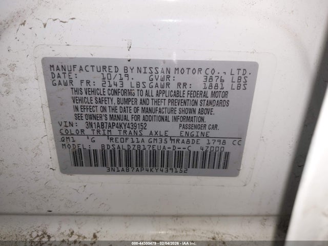 2019 Nissan Sentra Sv მანქანა იყიდება აუქციონზე, vin: 3N1AB7AP4KY439152, აუქციონის ნომერი: 44300479