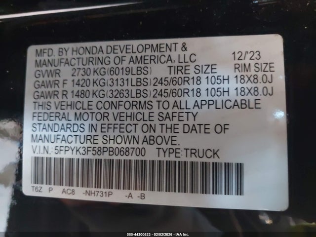 Aukcja sprzedaży 2023 Honda Ridgeline Rtl, vin: 5FPYK3F58PB068700, numer aukcji: 44300523