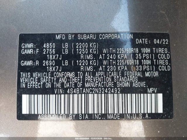 Aukcja sprzedaży 2022 Subaru Outback Limited, vin: 4S4BTANC2N3242492, numer aukcji: 44300568