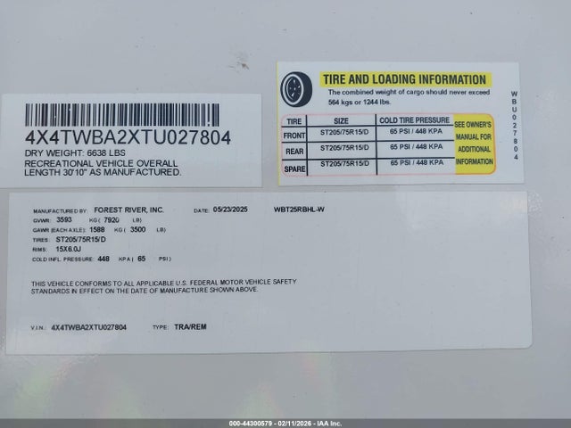 44300579 :رقم المزاد ، 4X4TWBA2XTU027804 vin ، 2026 Forest River Wildwood مزاد بيع