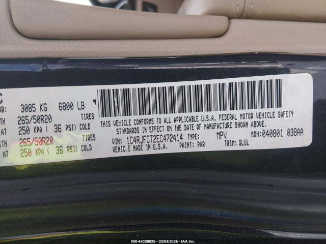 2014 Jeep Grand Cherokee Overland მანქანა იყიდება აუქციონზე, vin: 1C4RJFCT2EC472414, აუქციონის ნომერი: 44300625
