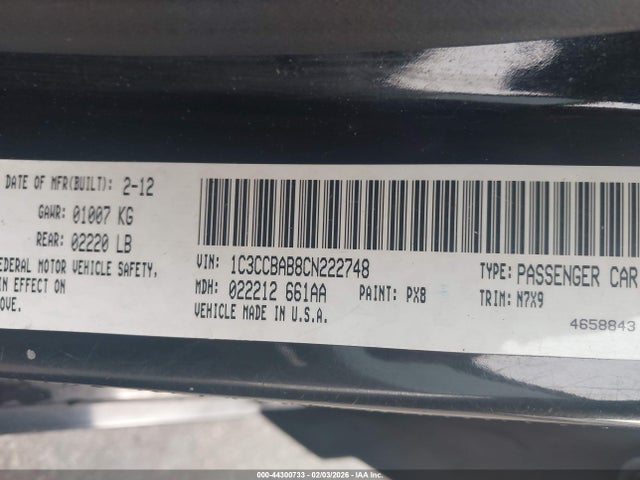 2012 Chrysler 200 Lx მანქანა იყიდება აუქციონზე, vin: 1C3CCBAB8CN222748, აუქციონის ნომერი: 44300733