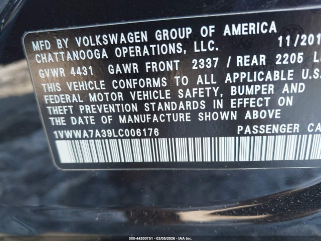 Auction sale of the 2020 Volkswagen Passat 2.0t Se, vin: 1VWWA7A39LC006176, lot number: 44300751
