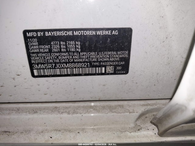 2021 Bmw 330i Xdrive მანქანა იყიდება აუქციონზე, vin: 3MW5R7J0XM8B68921, აუქციონის ნომერი: 44300761