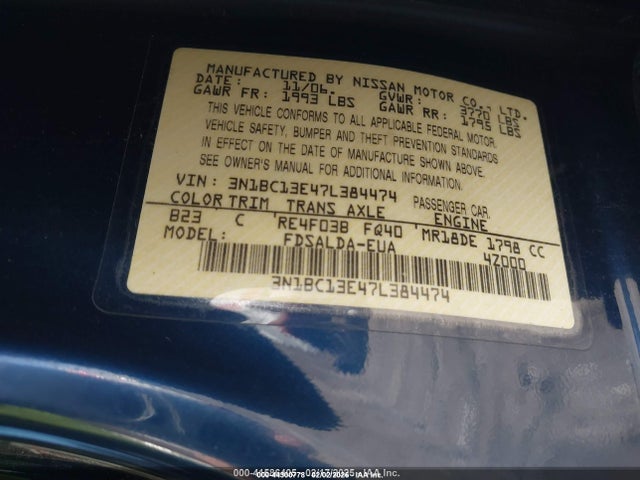 Продаж на аукціоні авто 2007 Nissan Versa 1.8s, vin: 3N1BC13E47L384474, номер лоту: 44300778