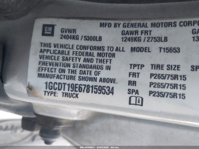 44300821 :رقم المزاد ، 1GCDT19E678159534 vin ، 2007 Chevrolet Colorado Lt مزاد بيع