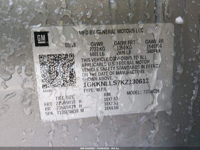 44300901 :رقم المزاد ، 1GKKNLLS7KZ130613 vin ، 2019 Gmc Acadia Sle-2 مزاد بيع