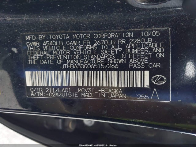 44300963 :رقم المزاد ، JTHBA30G065157266 vin ، 2006 Lexus Es 330 مزاد بيع