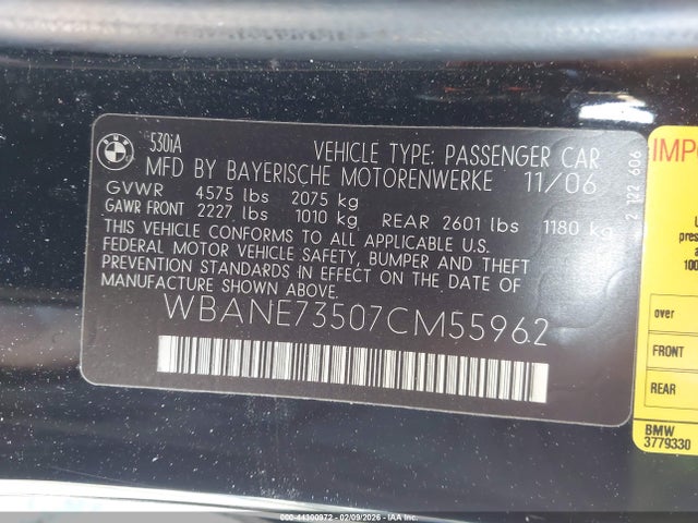 Продаж на аукціоні авто 2007 Bmw 530i, vin: WBANE73507CM55962, номер лоту: 44300972