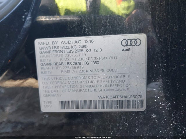2017 Audi Q5 2.0t Premium მანქანა იყიდება აუქციონზე, vin: WA1C2AFP5HA093079, აუქციონის ნომერი: 44301016