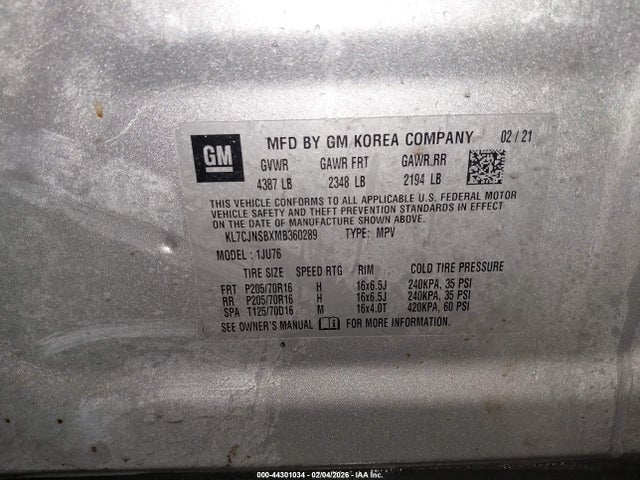 Продажа на аукционе авто 2021 Chevrolet Trax Ls, vin: KL7CJNSBXMB360289, номер лота: 44301034