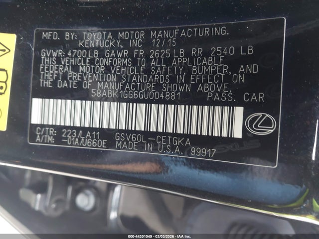 2016 Lexus Es 350 მანქანა იყიდება აუქციონზე, vin: 58ABK1GG6GU004881, აუქციონის ნომერი: 44301049