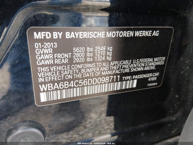 2013 Bmw 650i Gran Coupe Xdrive მანქანა იყიდება აუქციონზე, vin: WBA6B4C56DD098711, აუქციონის ნომერი: 44301114
