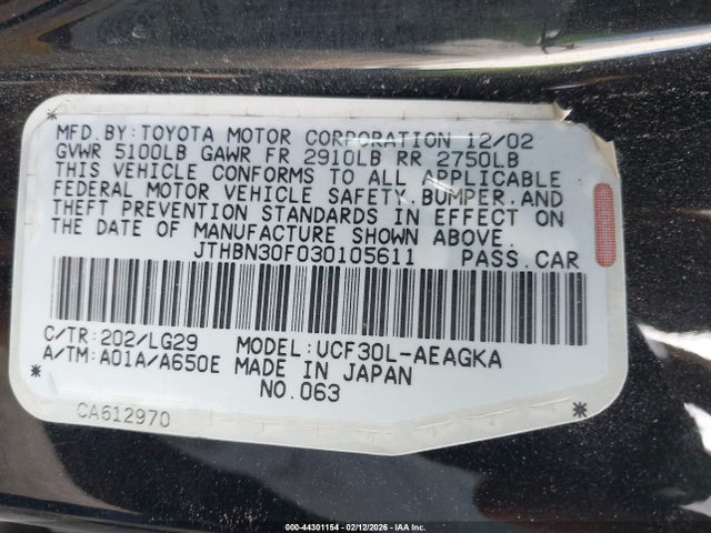 Aukcja sprzedaży 2003 Lexus Ls 430, vin: JTHBN30F030105611, numer aukcji: 44301154