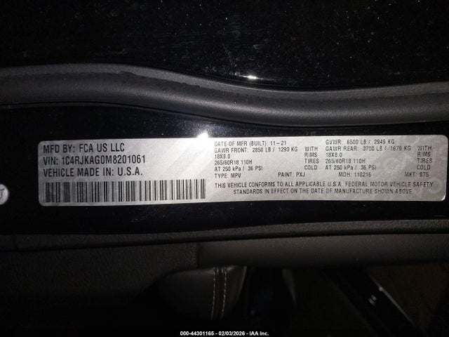 44301165 :رقم المزاد ، 1C4RJKAG0M8201061 vin ، 2021 Jeep Grand Cherokee L Laredo 4x4 مزاد بيع